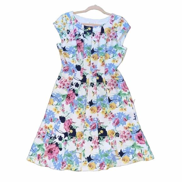 Elle Dress Size Large Floral Pattern Pleated Cap Sleeve A-Line Popover Spring - Picture 2 of 11